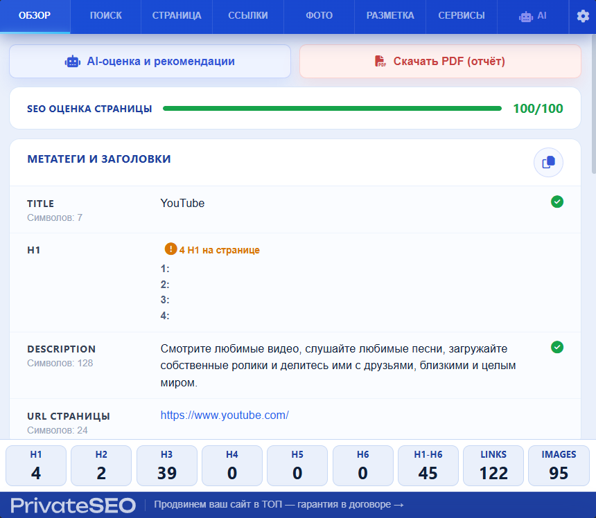 Интерфейс расширения PrivateSEO с результатами аудита